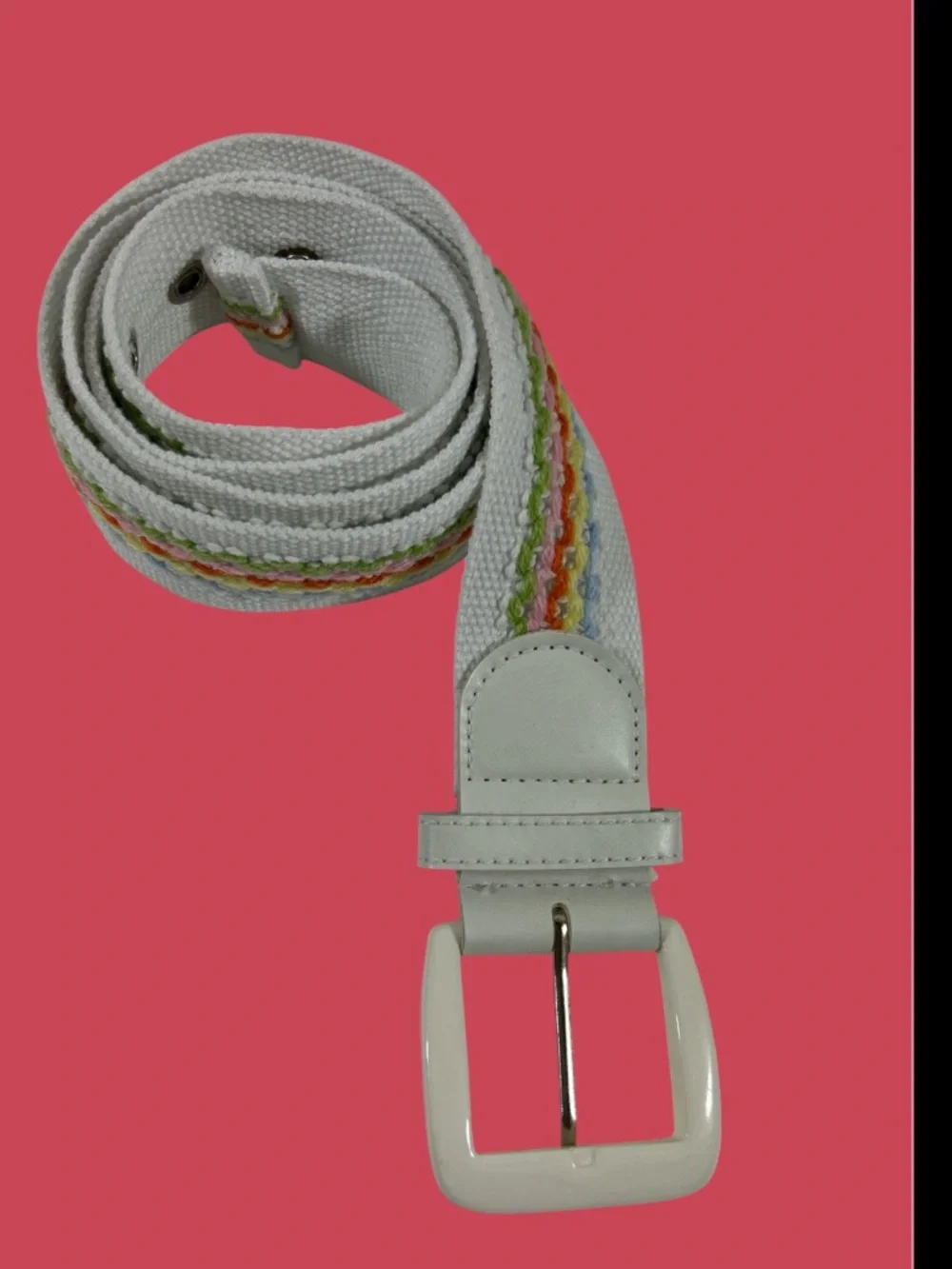 Boutique Boho Embroidered Canvas Belt White Rainbow Stripes‎ Size 13